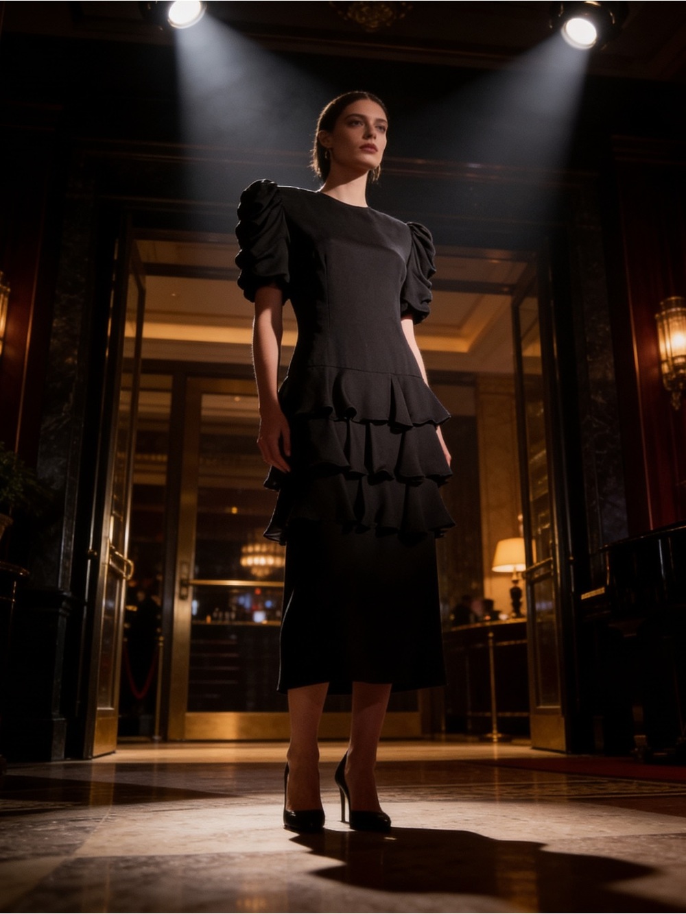 SAMANTHA BLACK Ruffle Chiffon Vintage 80’s
Ruched Sleeve Tiered Midi Dress